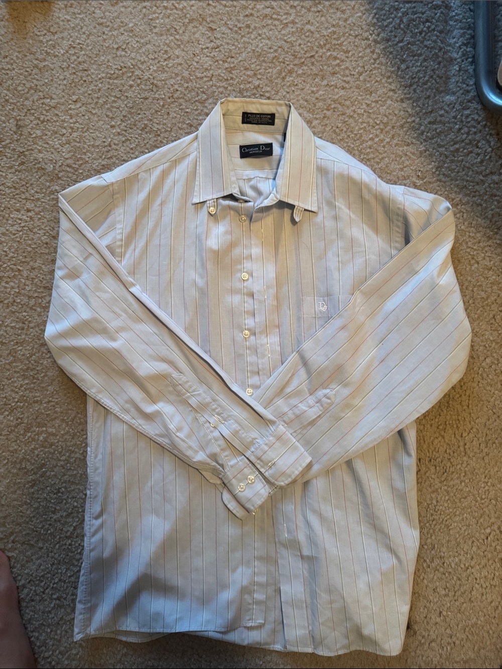Dior Men's White Shirt with Light Gray Pinstripes